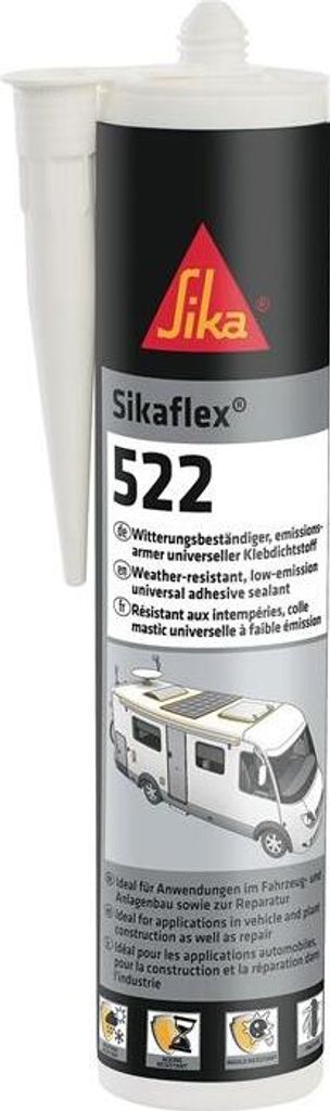 A tube of SikaFlex 522 adhesive sealant, with a depiction of a recreational vehicle on the label.