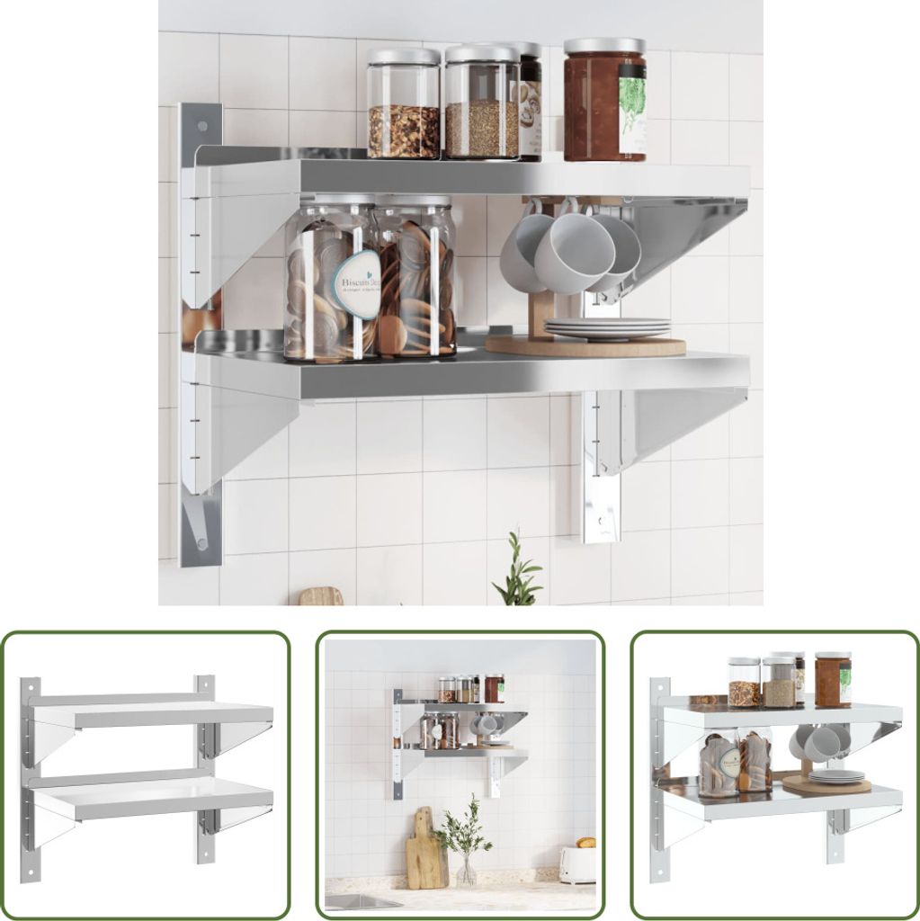 The Living Store Wandregal mit 2 Böden 50x30x60 cm Silbern Edelstahl