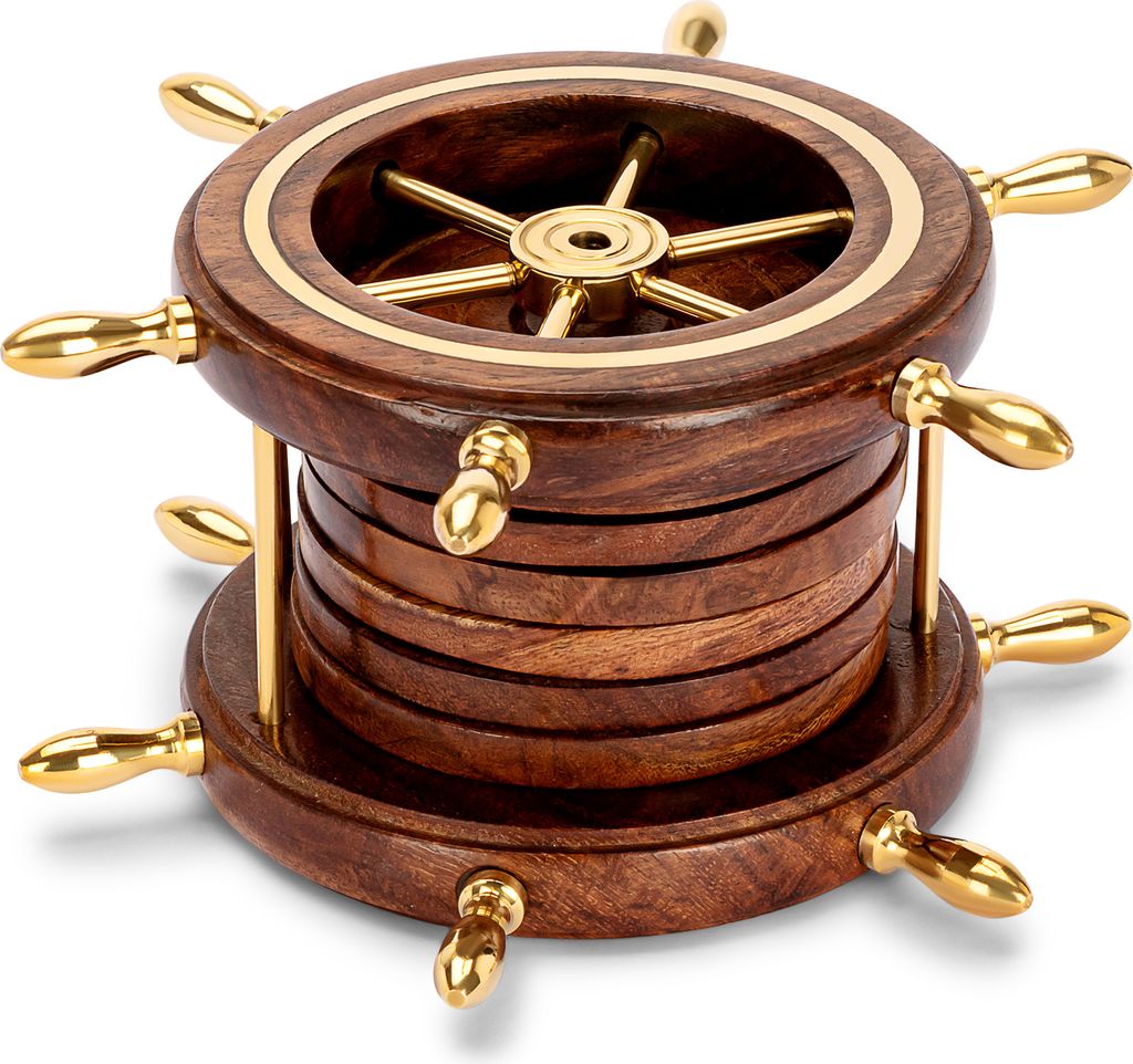 NKlaus Untersetzer 7,5cm im Steuerrad-Ständer aus Holz und Messing Glasuntersetzer 11769