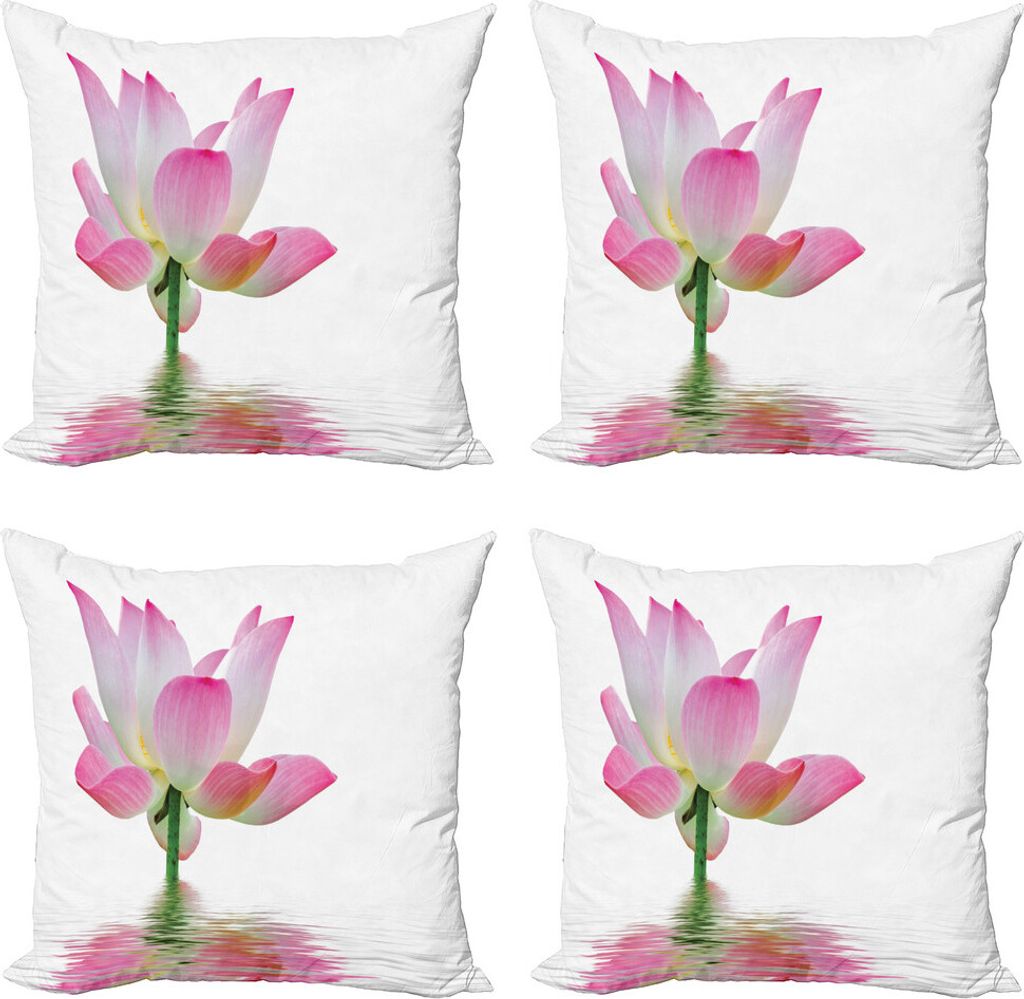 ABAKUHAUS Pink und Weiß Kissenbezug Set (4 Stück), Lotus in Wasser, Moderner Doppelseitiger Digitaldruck, 50 cm x 50 cm, Rosa, Weiß, Grün