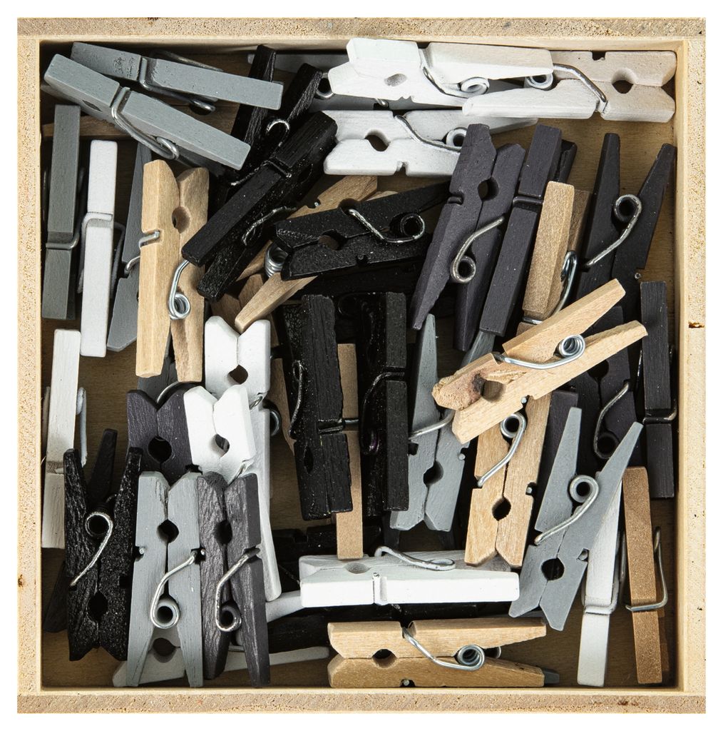 50 Mini-Wäscheklammern Holz farbig sortiert