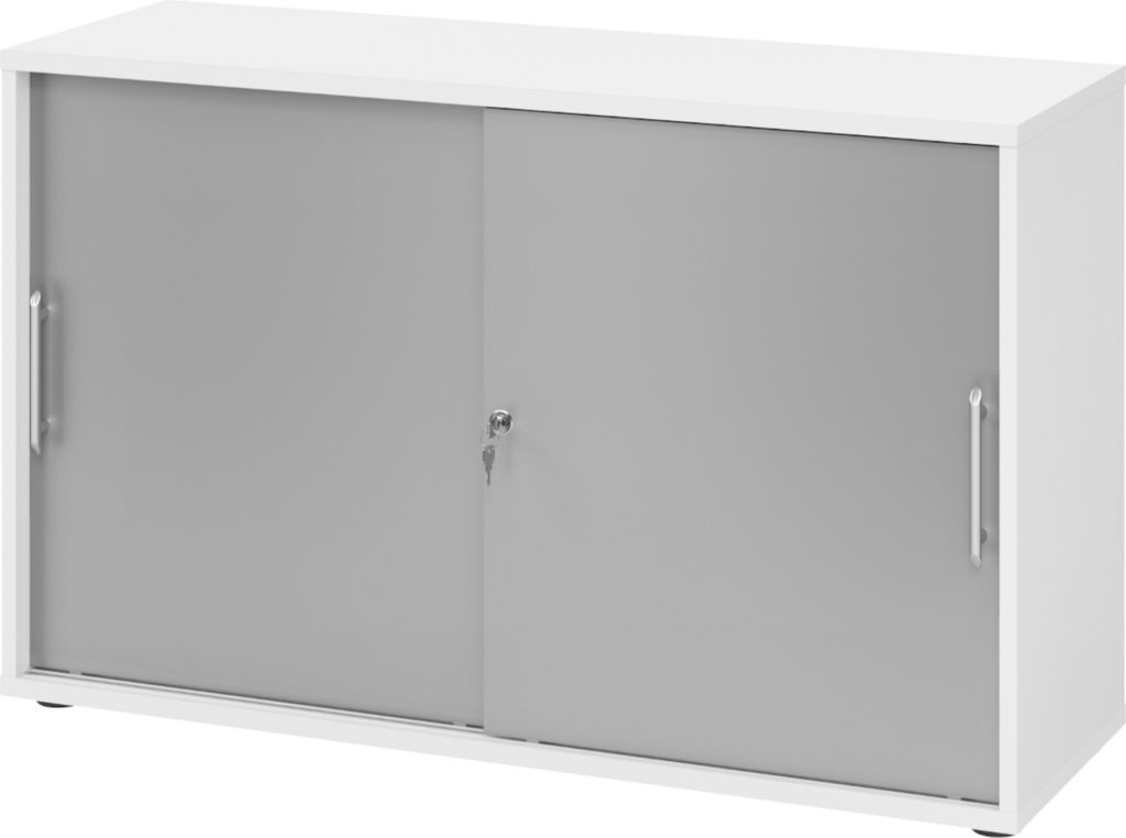 bümö Schiebetürenschrank office - 2 Ordnerhöhen - Griff: Relinggriff (Kunststoff), Nachbildung: Weiß/Silber