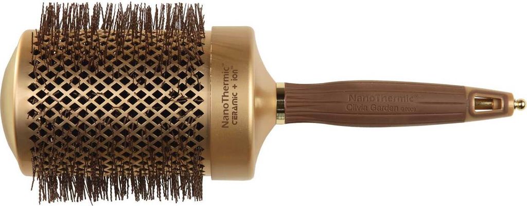 A professional studio shot of a round hair brush against a white background.