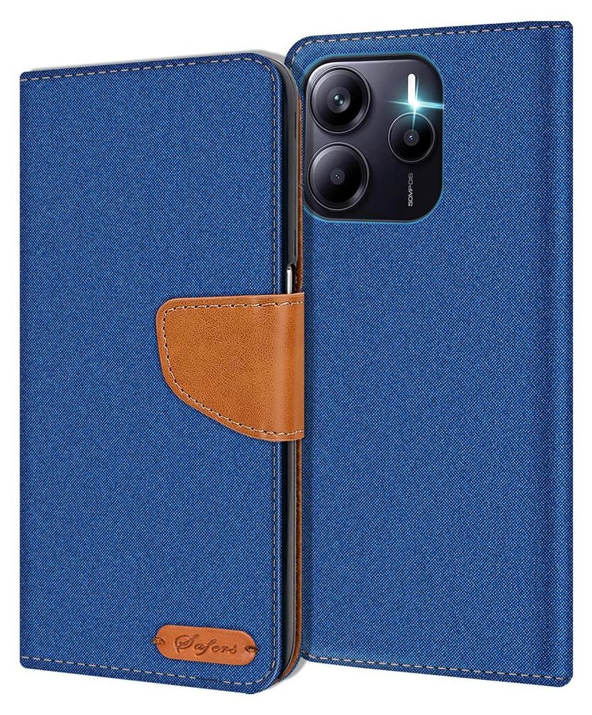 Conie Jeans Style Klapp Tasche für Xiaomi Redmi Note 14 5G Kartenfach Hülle Rundumschutz in Blau