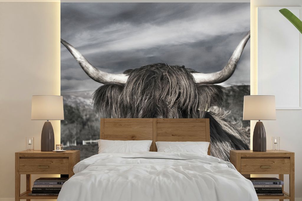 MuchoWow Fototapete für Wohnzimmer oder Schlafzimmer Wandtapete Vinyl Motivtapete Schottischer Hochländer - Porträt - Schwarz - Weiß - Tier -...
