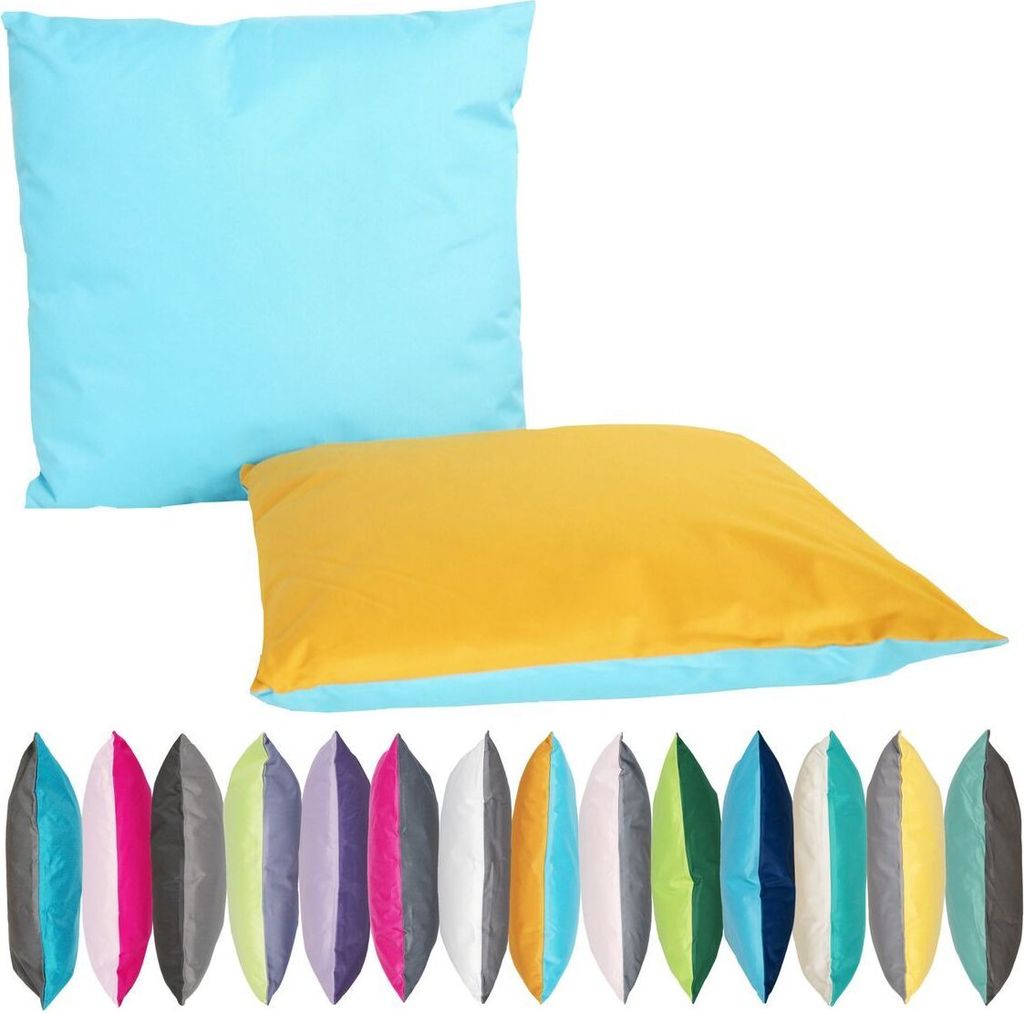 JACK 2-farbiges Wende Outdoor Lounge Kissen 45x45cm Dekokissen inkl. Füllung Wasserfest Sitzkissen Garten Stuhl Lotus Effekt, Farbe:Gold - Hellblau