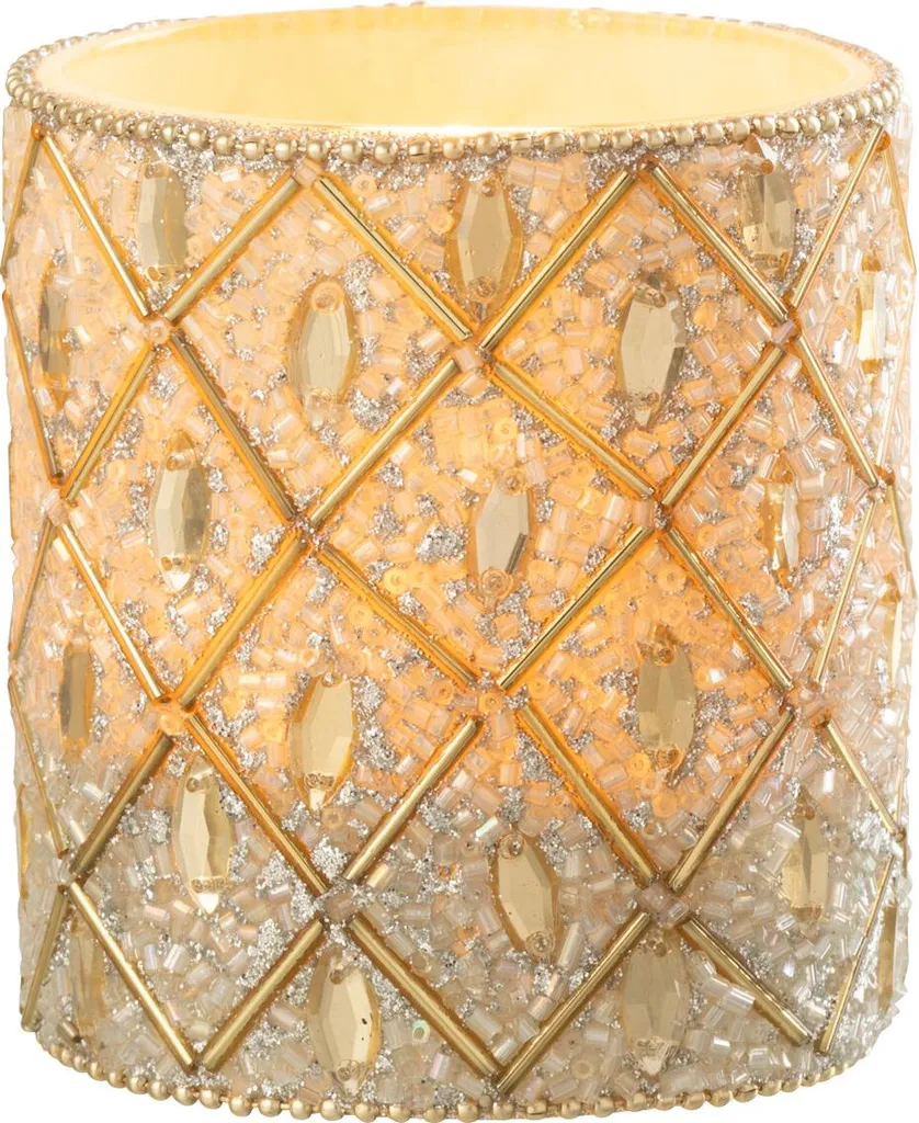 Grand Photophore Blanc et Doré en Perles et Verre - Finition Artisanale