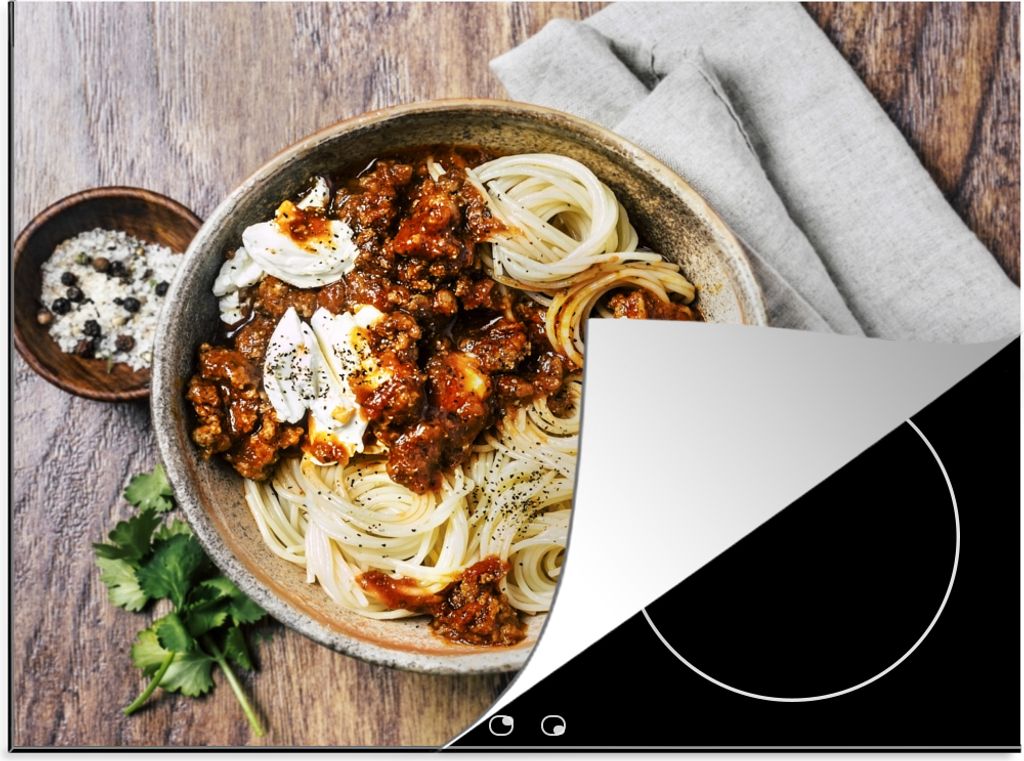 KitchenYeah Herdabdeckplatte Spaghetti mit Mozzarella , 58x51cm, Küche Deko, Glaskeramikfeld Herdabdeckung, Abdeckplatte fùr Kochfeld