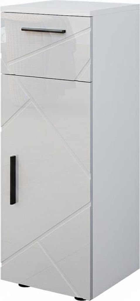 A white high-gloss cabinet with a geometric pattern on the drawer and door.