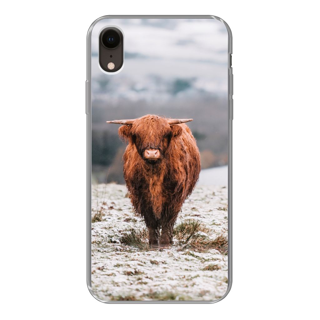 MuchoWow Handyhülle Schutzhülle Hülle für iPhone XR Schottischer Highlander - Schnee - Berg Silikon Softcase Handy Hülle - Schutzdeckel