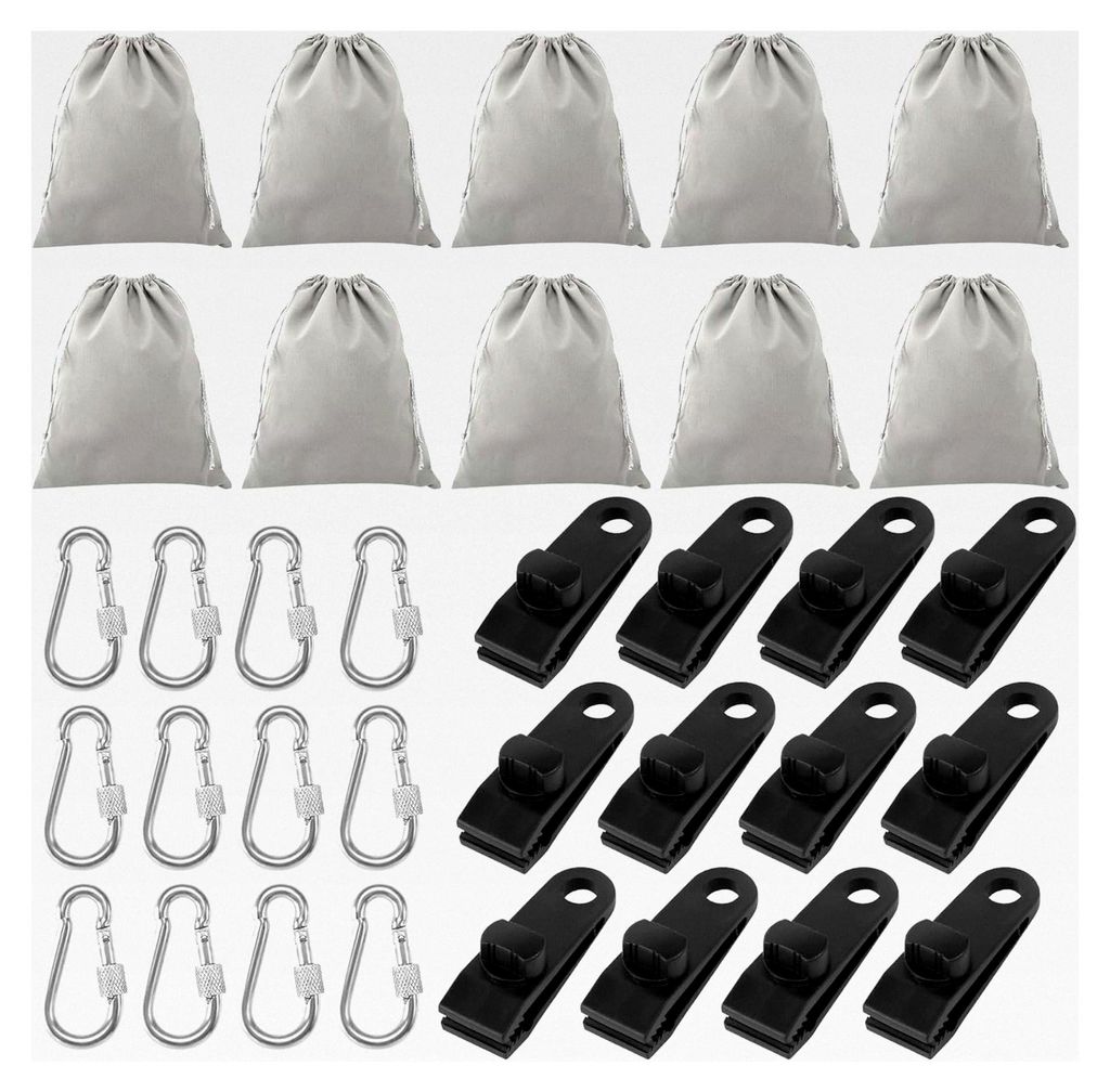 Tragbare Gewichtstaschen für Pavillons, 10 Stück 20x25cm mit 12 Karabinern und 12 Clips, Sandsäcke für Vorhänge, Zelte und Tischdecken