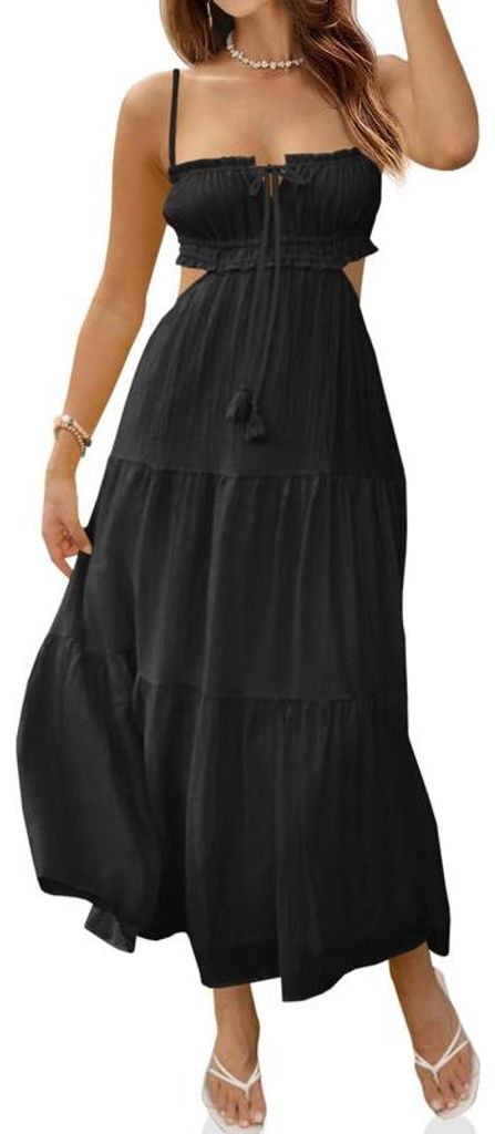 Damenkleid, langes, rückenfreies Kleid im Bohème-Stil mit Spaghettiträgern.