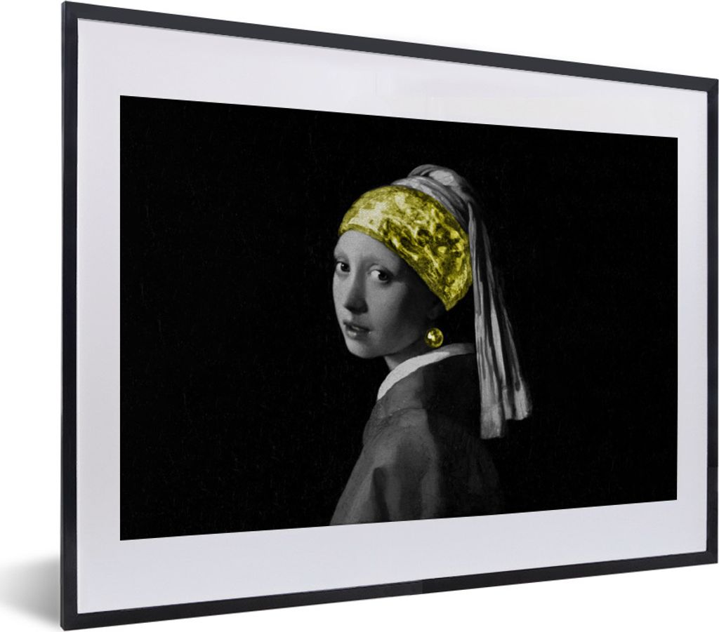 MuchoWow Gerahmtes Poster Mädchen mit Perlenohrring - Gold - Stirnband 40x30 cm - Poster mit Schwarzem Bilderrahmen Wandposter Rahmen Foto Bilde...