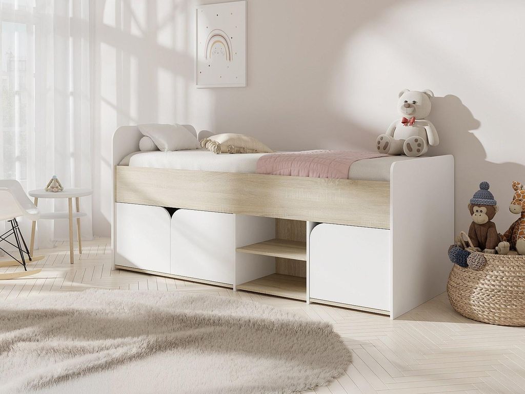 Bett 90 x 190 cm mit Kasten - Farbe: Natur und weiß - LOSTYA