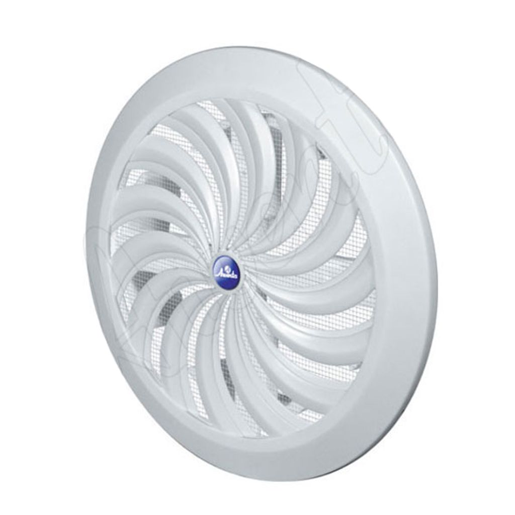 A white round ventilation grille with a swirling pattern and a blue logo in the center, isolated on a white background.