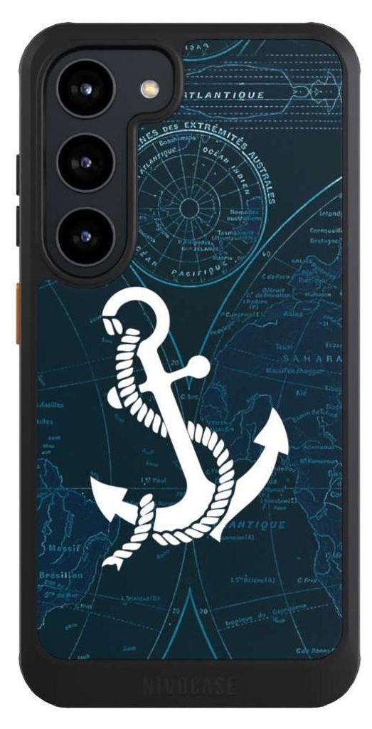 NIVOCASE Hülle für Samsung Galaxy S23 Handyhülle NIVOcore Case Schwarz Anker Landkarte Segeln
