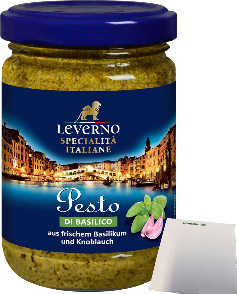 Leverno Pesto di Basilico aus frischem Basilikum und Knoblauch (130g Glas) + usy Block
