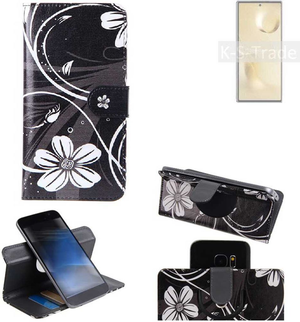 K-S-Trade Schutzhülle Handyhülle kompatibel mit Xiaomi Mi MIX Fold 2 Hülle 360° Wallet Case ''Flowers'' Klapphülle Hülle schwarz-weiß 1x