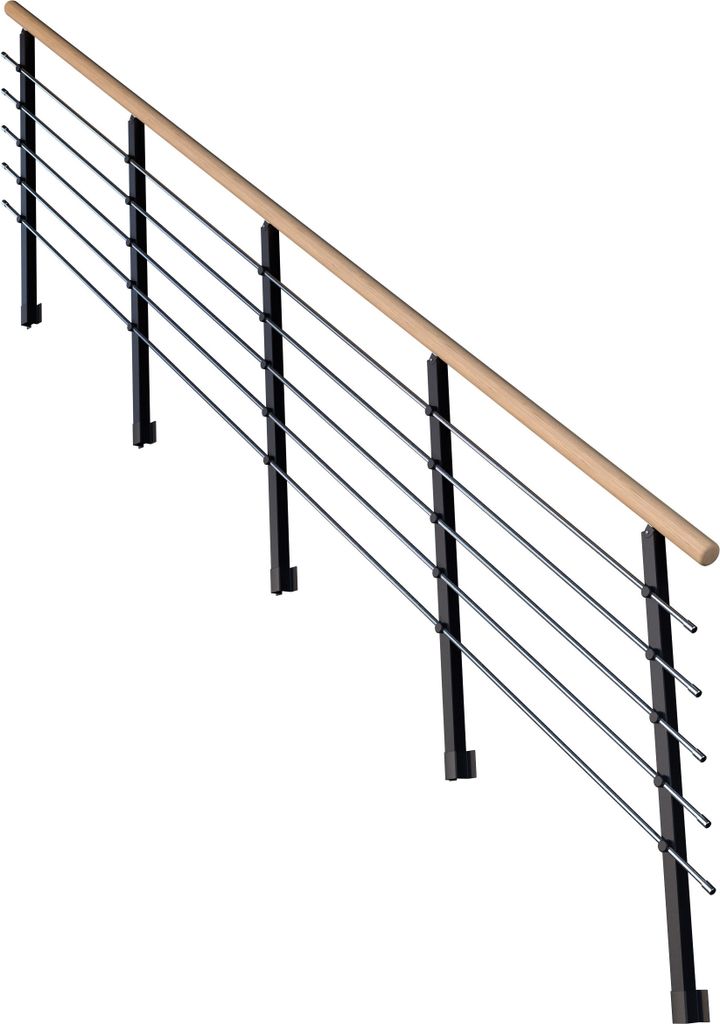 Treppengeländer Modell Kos Gerade-13 Stufen-Metall-Eiche-Schwarz RAL 9005