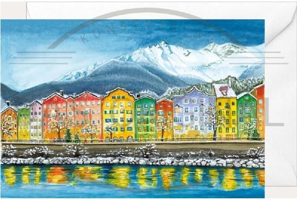 Weihnachtsklappkarte Innsbruck mit bunter Häuserzeile im Winter