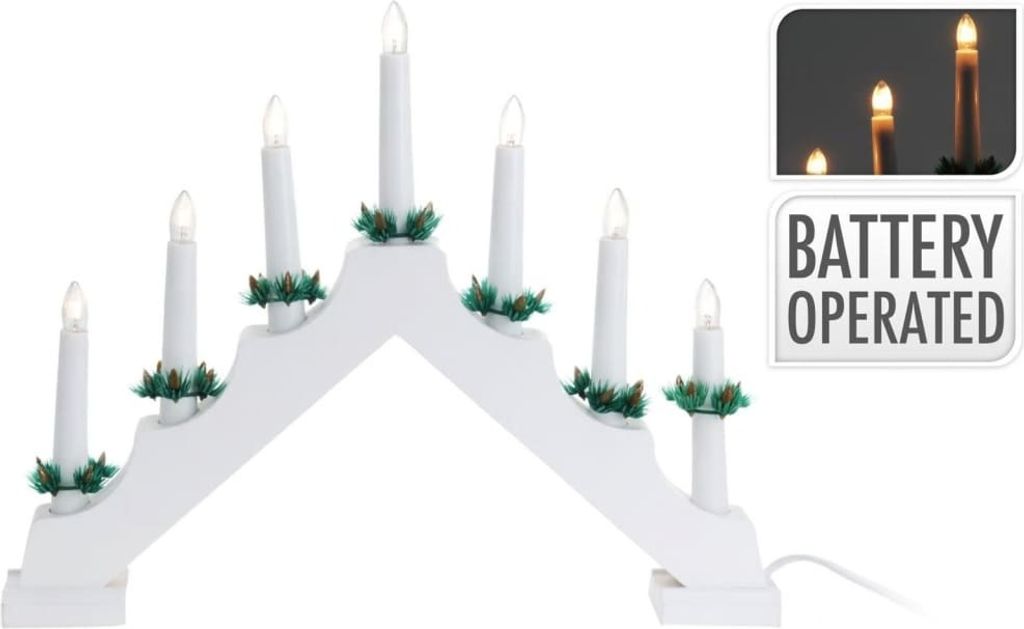 A white arched candle bridge with seven LED lights, decorated with green holly leaves.