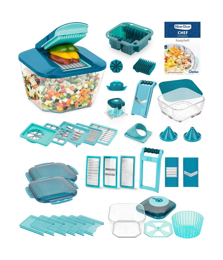 Genius Nicer Dicer Chef Professional Deluxe Gemüseschneider manuell 39-tlg Gemüsehobel mit 5.2L Behälter und 2.8L Glassschüssel Deckel Spiralsc...