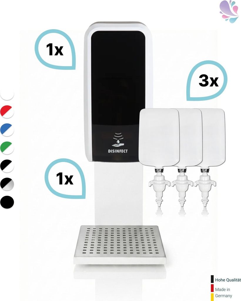 SET: Desinfektionsspender SENSOR Blanc Cosmos versch. Farben + Tischständer weiß +3x 1-Liter Hautdesinfektion : Farbe - Schwarz / Weiß Farbe: Sc...