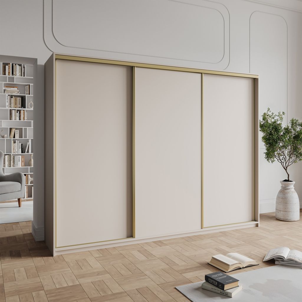 Masseno Schiebetürenschrank NISSE 270/205/60 cm Kleiderschrank mit Schubladen Schlafzimmer Schrank 3-türig Kaschmir + Gold