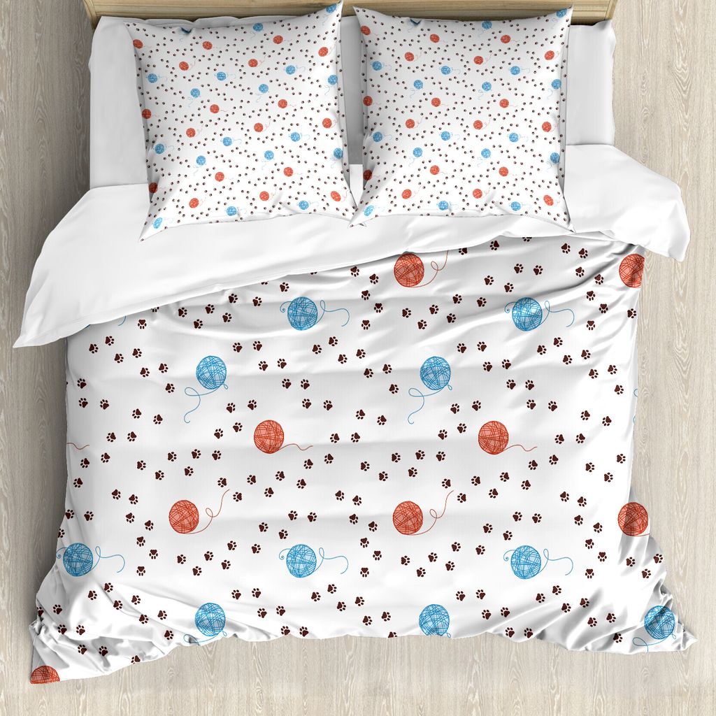 ABAKUHAUS Katze Bettbezugs Set Für Doppelbetten, Tierpfoten Garne Threads, Milbensicher Allergiker geeignet mit Kissenbezügen, Hellblau Braun Kor...