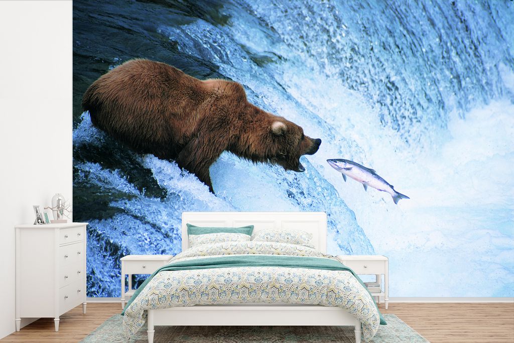 MuchoWow Fototapete für Wohnzimmer oder Schlafzimmer Wandtapete Vinyl Motivtapete Bär - Fisch - Wasserfall - 330x220 cm - Fototapeten