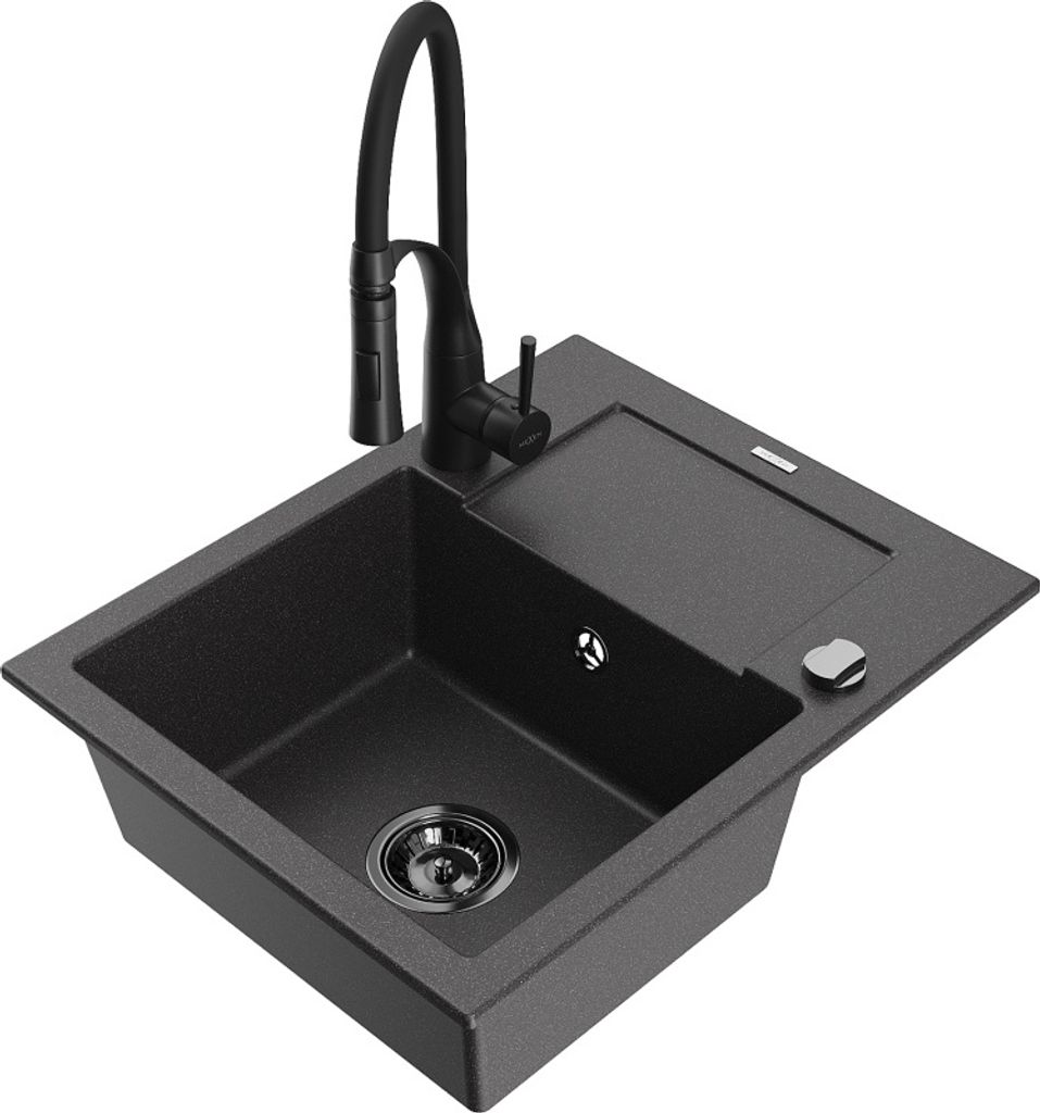 Mexen Enzo 1 Becken-Granitspüle mit Abtropffläche und Mischbatterie Aster, Schwarz gesprenkelt - 6506-76-73450-70-B