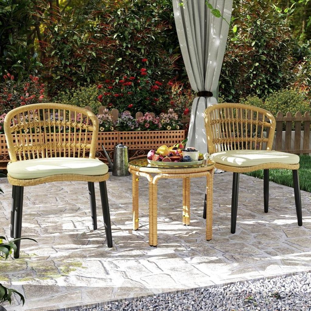MODFU Gartentisch Kaffeetisch Beistelltisch mit Stahlgestell und PE-Rattan,Couchtisch Balkontisch mit Glas-Tischplatte für den Außenbereich,Gelb