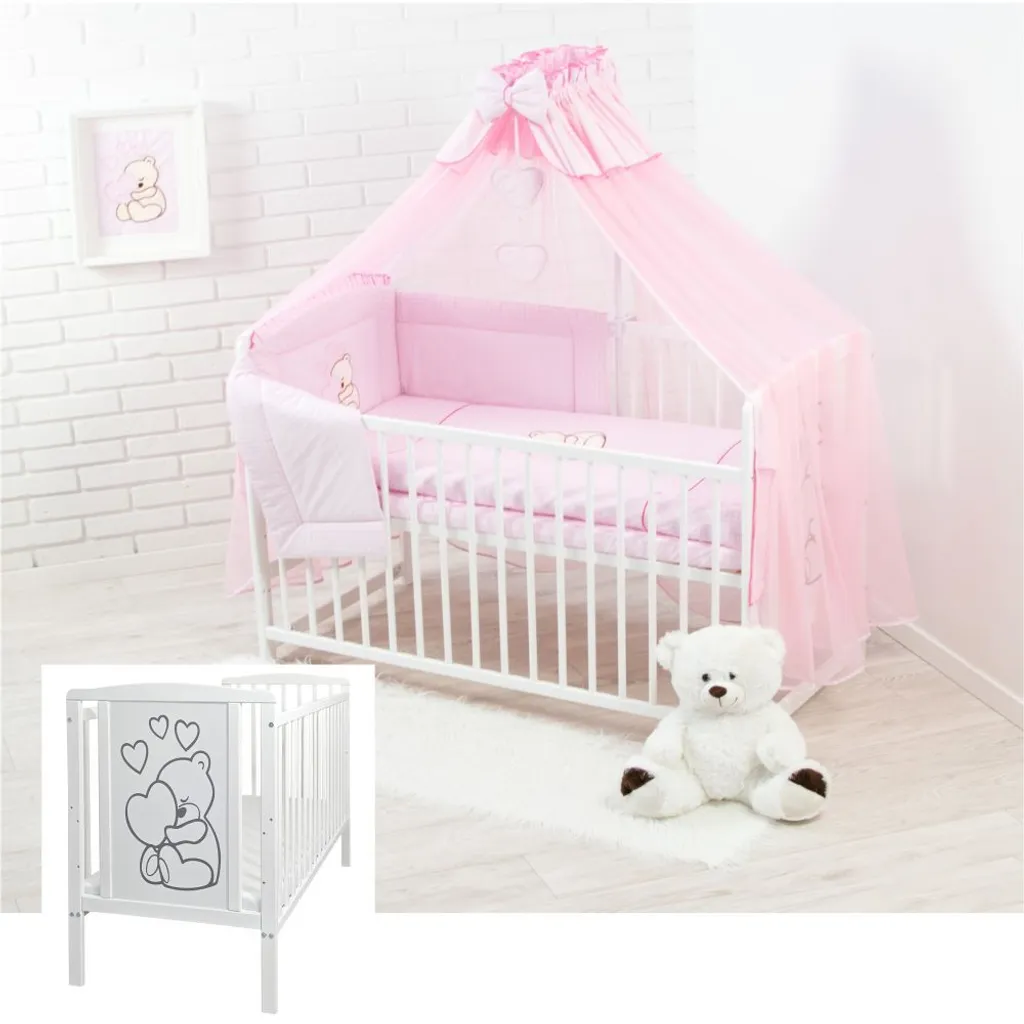 Lit complet enfant 12 pièces avec matelas et parure Ours Cœur Rose