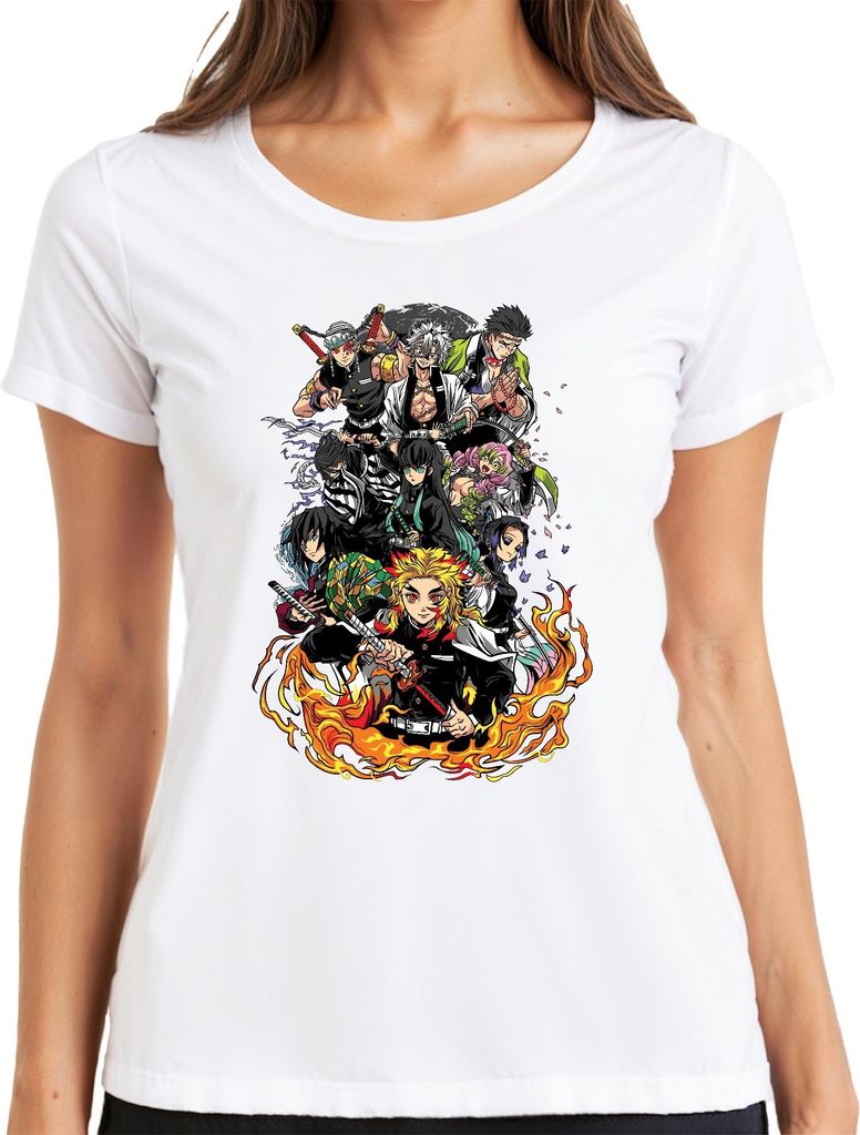 Demon Slayer Rengoku Tanjiro Nezuko Gruppe Feuer Anime Vintage Damen T-Shirt, Weiß, M