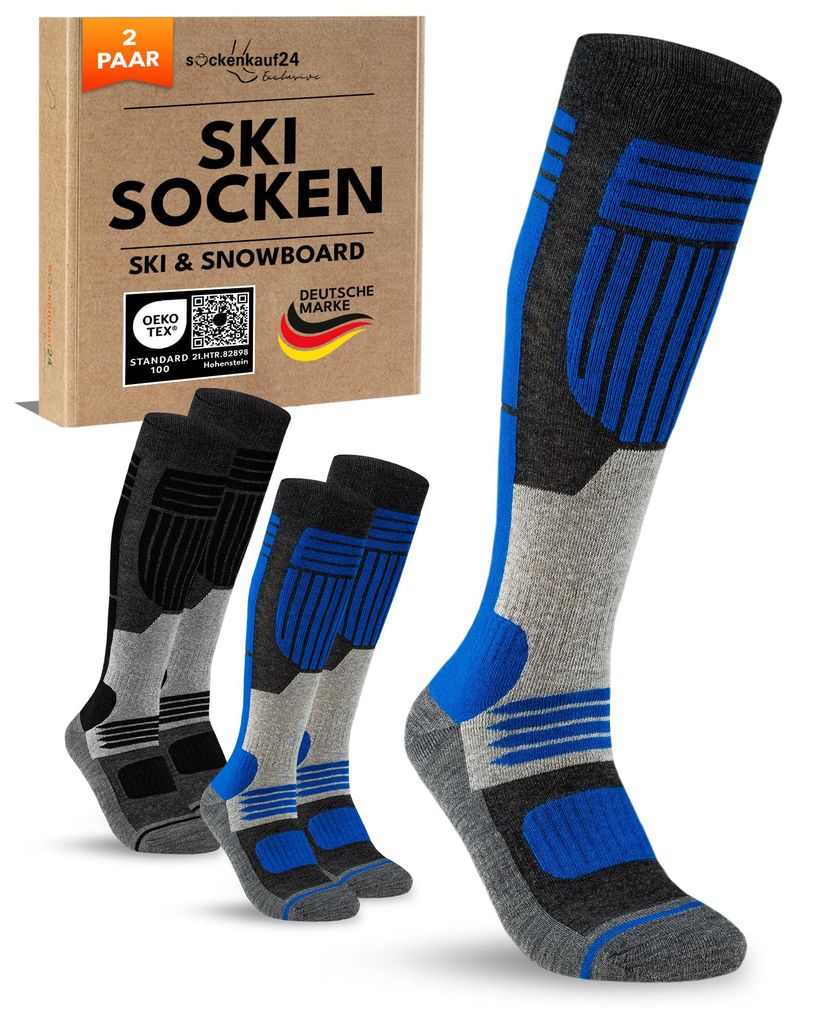 Herren Skisocken Merino mit Polsterung 2 Paar Thermo Winter Kniestrümpfe - 70302T Blau/Schwarz 43-46