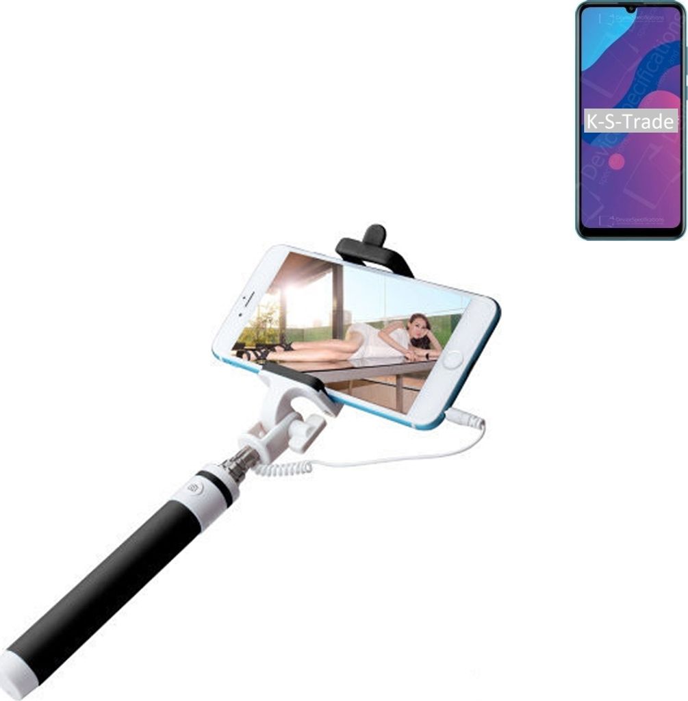 K-S-Trade Selfie Stick kompatibel mit Huawei Honor 9A Selfiestick kabelgebunden Monopod mit Kabel Stab Stange Selfportrait Handheldstick schwarz 1x