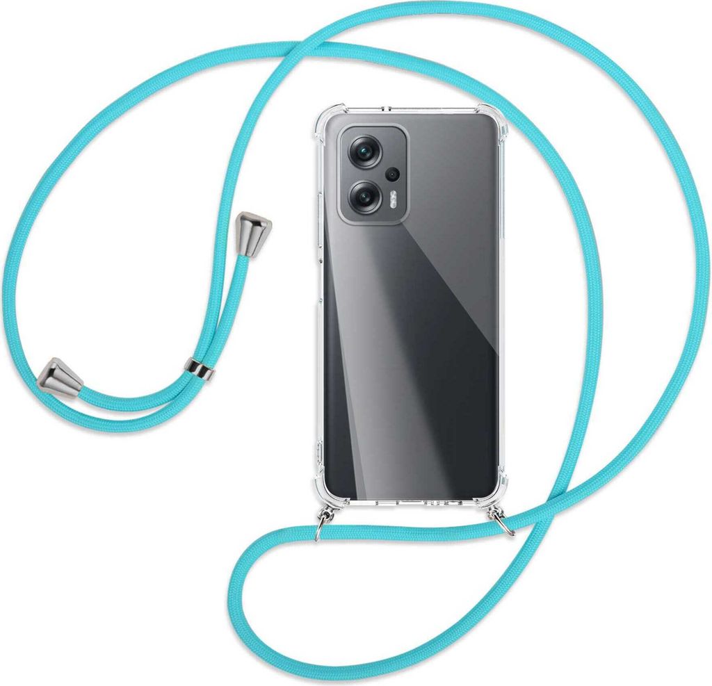 Handykette Backcover-Schutzhülle mit Band (Metall silberfarben) für Xiaomi Poco X4 GT - türkis