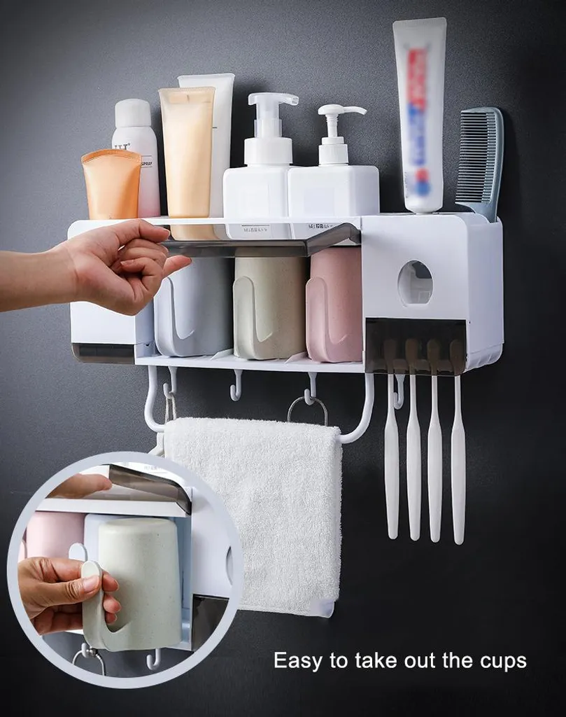 Set Bagno IHave: Porta Spazzolini Adesivo + Dispenser Dentifricio Automatico E Tazze - 4