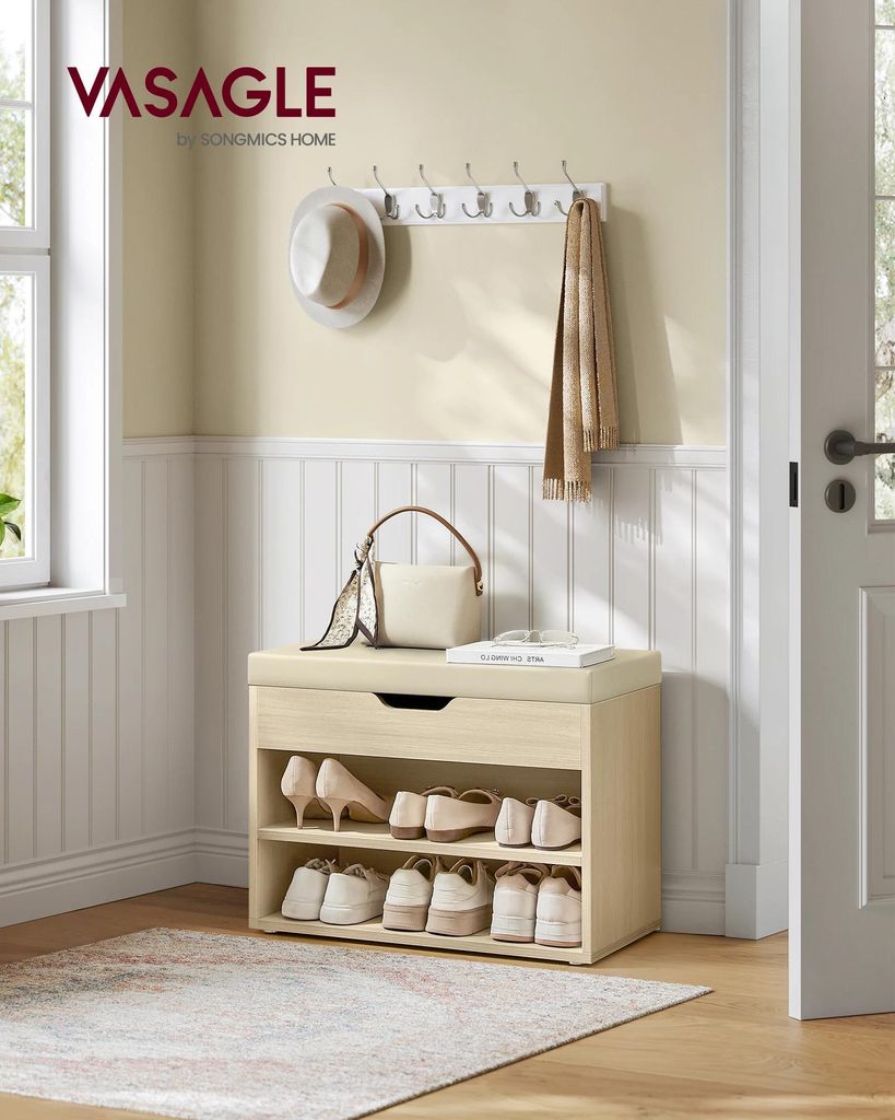 Sitzbank mit Schuhregal - Schuhbank - Gepolsterte Sitzfläche - 3 Ebenen - 30x60x44 cm - Für den Flur - Naturbeige