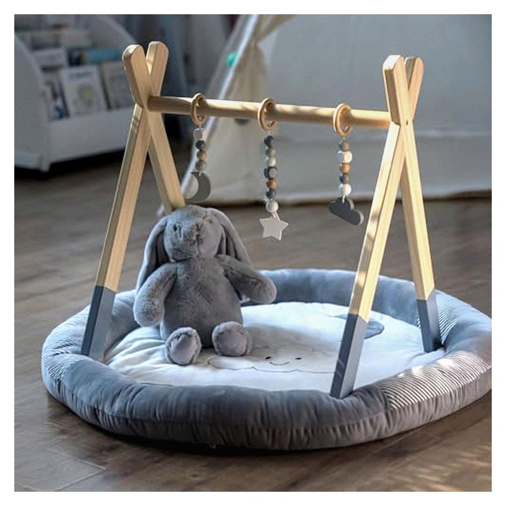 Holz Baby Gym Lernständer mit 3 Sinnesanhängern – Sicher für Neugeborene – Montessori – Leicht – Ab 0 Monaten – Natürliches Holz
