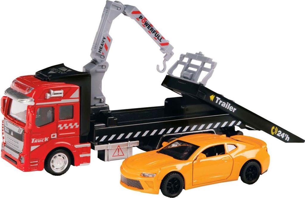 Toi-Toys 24087B - Metal World Spielzeugauto - Abschleppwagen mit Hebebühne & Auto abschleppen