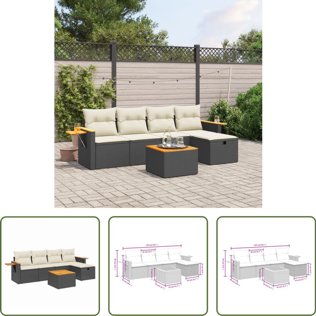 The Living Store 6-tlg. Garten-Sofagarnitur mit Kissen Schwarz Poly Rattan