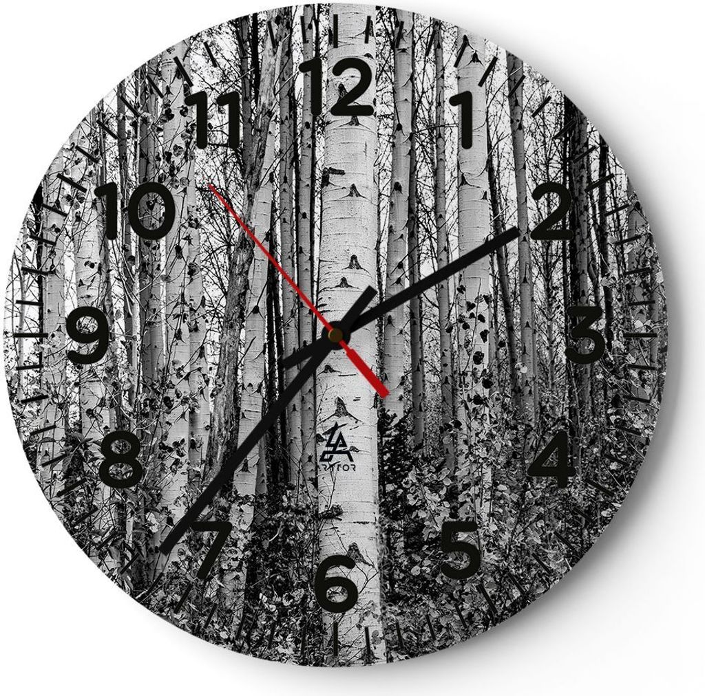 Wanduhr - Rund - Glasuhr - Birken Wald Monochrom - 30x30cm - Schleichendes Uhrwerk - Lautlos - zum Aufhängen bereit - Dekoration Modern - Wanddeko...