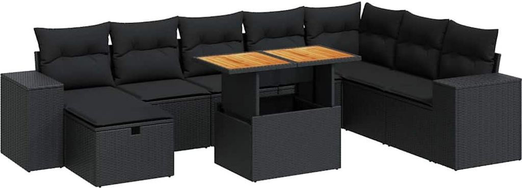 vidaXL 9-tlg. Garten-Sofagarnitur mit Kissen Schwarz Poly Rattan