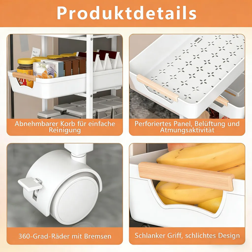 COSTWAY Carrello da Cucina a 4 Ripiani, Carrello Portaoggetti in Legno con Ruote Universali, Stretto e Slim 20cm, Salvaspazio con Manico per Bagno Lavanderia (Naturale+Bianco, con presa