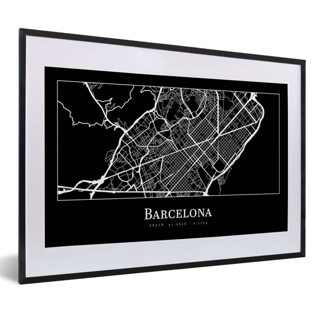 MuchoWow Gerahmtes Poster Stadtplan - Barcelona - Karte 60x40 cm - Poster mit Schwarzem Bilderrahmen Wandposter Rahmen Foto Bilder - Schlafzimmer...