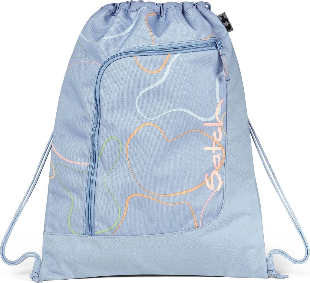 A blue drawstring bag with a colorful abstract pattern and a zippered pocket.