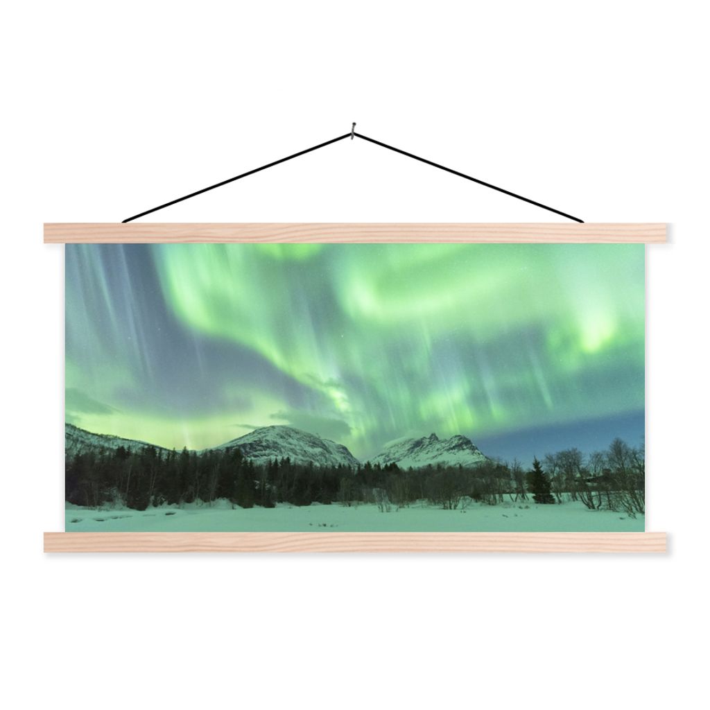 MuchoWow Textilposter Nordlichter - Schnee - Berg - Norwegen 60x30 cm mit holzfarbenen Rahmen - Dekoration