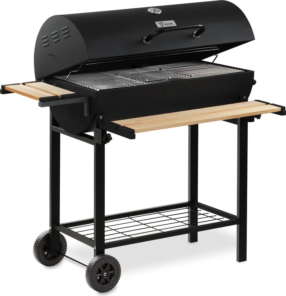 Barbecue Charbon de Bois Mobile Type Chariot avec Couvercle et Fumoir