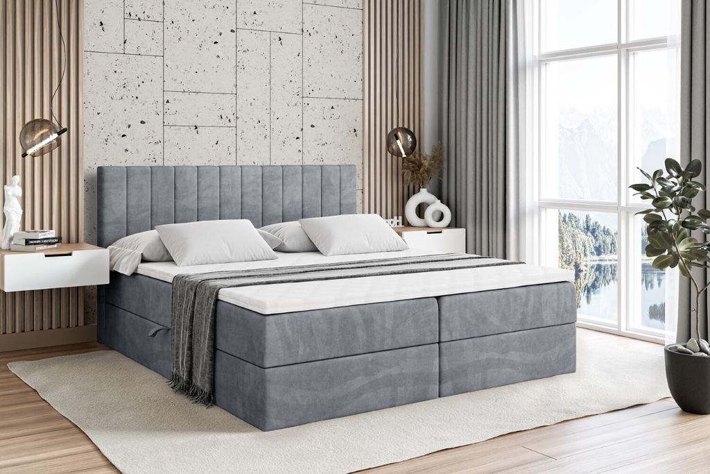 ALTDECOR Boxspringbett mit H4 Matratze und Topper - 200 x 200 cm - EDITA - Grau Samt - Polsterbett mit Bettkasten und Lattenrost, Bett mit Stauraum